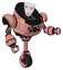 Cyborg containing humanoid face mask and red clown marks and heavy upper chest and chest compound eyes and unicycle wheel. Toon pink tint. Fight or defense pose..