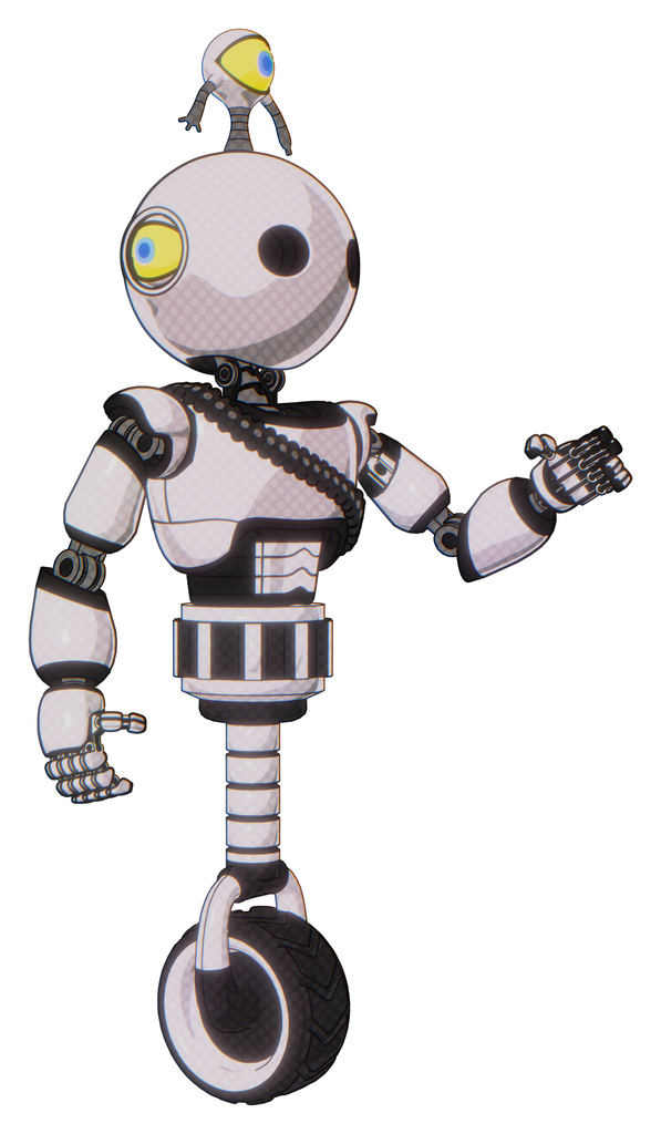 Droid containing oval wide head and minibot ornament and light chest exoshielding and rubber chain sash and unicycle wheel. White halftone toon. Interacting.