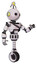 Droid containing oval wide head and minibot ornament and light chest exoshielding and rubber chain sash and unicycle wheel. White halftone toon. Interacting.