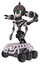 Cyborg containing grey alien style head and green demon eyes and gray helmet and light chest exoshielding and minigun back assembly and no chest plating and six-wheeler base. White halftone toon.
