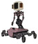 Cyborg containing old computer monitor and old retro speakers and light chest exoshielding and no chest plating and insect walker legs. Grayish pink. Facing right view.