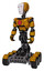 Cyborg containing humanoid face mask and light chest exoshielding and red chest button and six-wheeler base. Worn construction yellow. Standing looking right restful pose.