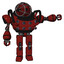 Mech containing oval wide head and barbed wire cage helmet and heavy upper chest and chest energy sockets and prototype exoplate legs. Matted red. Pointing left or pushing a button..