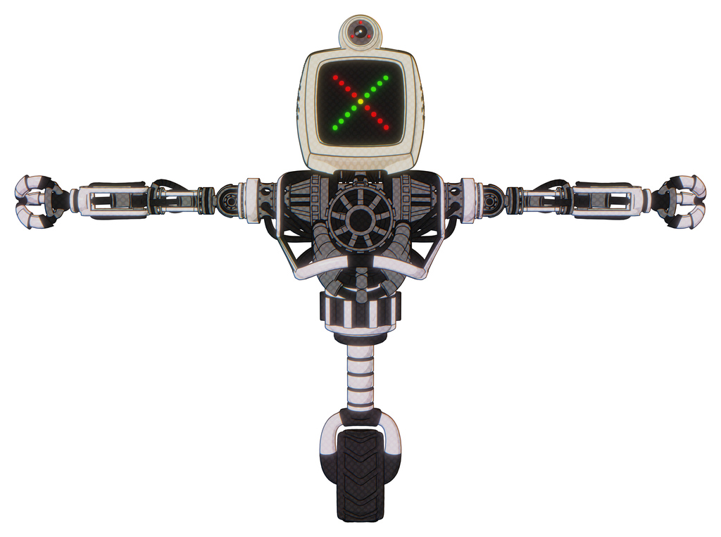 Cyborg containing old computer monitor and colored x display and retro-futuristic webcam and heavy upper chest and no chest plating and unicycle wheel. White halftone toon. T-pose.