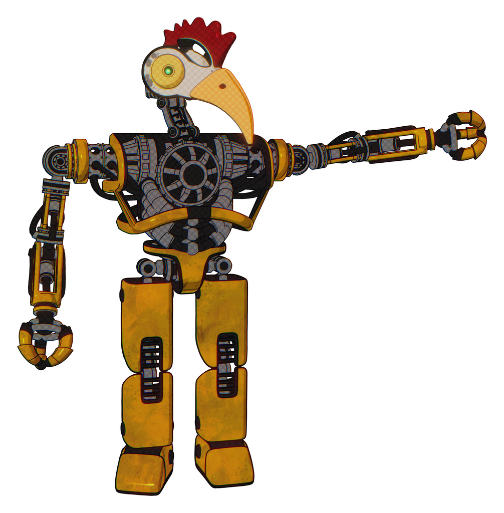 Cyborg containing bird skull head and brass steampunk eyes and chicken design and heavy upper chest and no chest plating and prototype exoplate legs. Worn construction yellow.