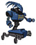 Mech containing flat elongated skull head and heavy upper chest and colored lights array and insect walker legs. Blue halftone. Interacting.