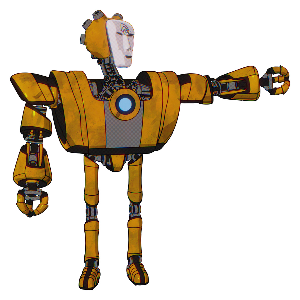 Mech containing humanoid face mask and spiral design and heavy upper chest and heavy mech chest and blue energy fission element chest and ultralight foot exosuit. Worn construction yellow.