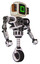 Cyborg containing old computer monitor and pixel square design and old retro speakers and heavy upper chest and no chest plating and unicycle wheel. White halftone toon. Facing left view.