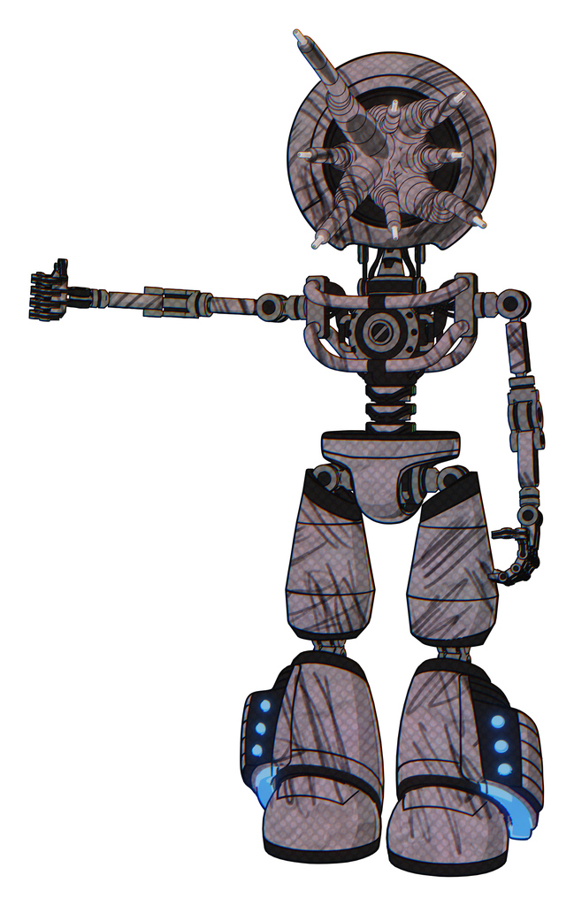 Bot containing jellyfish style head fiber optic tentacles and light chest exoshielding and no chest plating and light leg exoshielding and megneto-hovers foot mod. Dark sketchy.