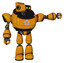 Bot containing dual retro camera head and retro tech device head and heavy upper chest and circle of blue leds and light leg exoshielding. Primary yellow halftone. Pointing left or pushing a button..