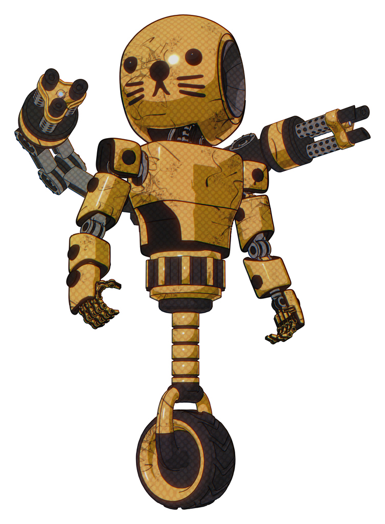 Automaton containing round head and light chest exoshielding and prototype exoplate chest and minigun back assembly and unicycle wheel and cat face. Construction yellow halftone. Hero pose.