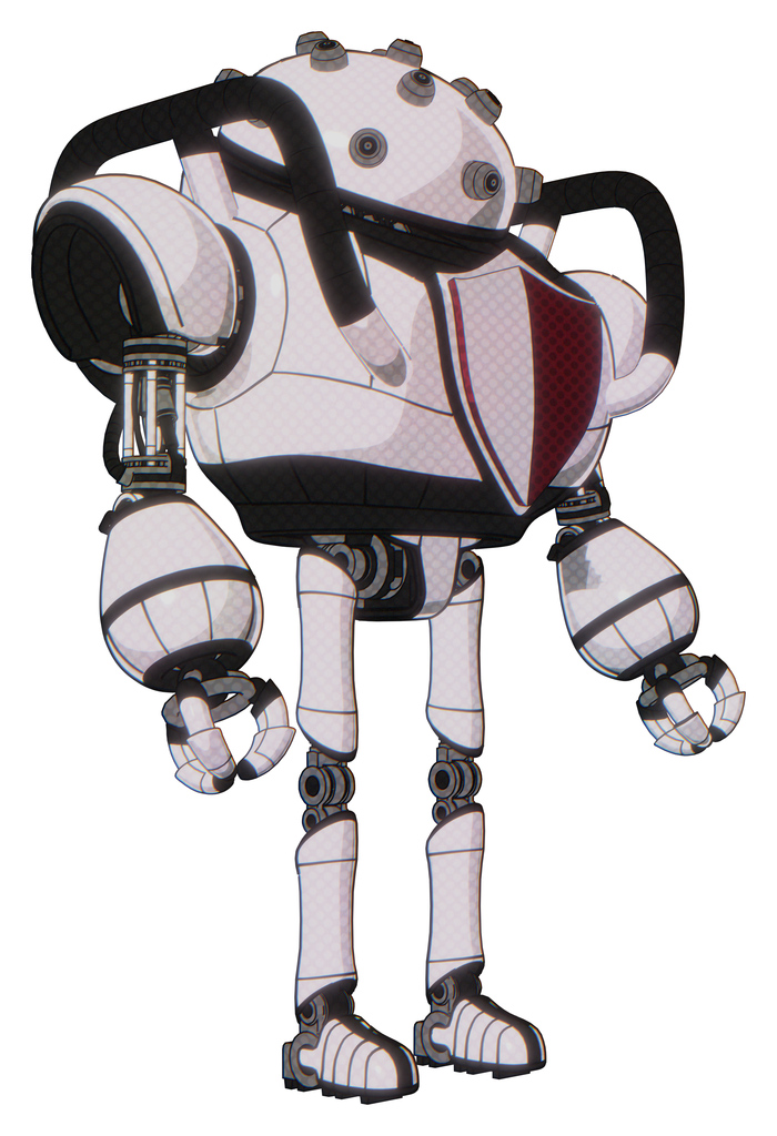 Android containing plughead dome design and heavy upper chest and red shield defense design and ultralight foot exosuit. White halftone toon. Facing left view.