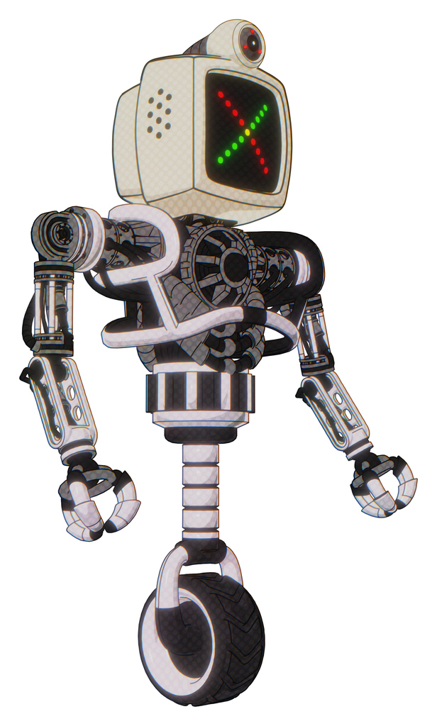 Cyborg containing old computer monitor and colored x display and retro-futuristic webcam and heavy upper chest and no chest plating and unicycle wheel. White halftone toon. Facing left view.