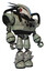 Droid containing bird skull head and red line eyes and head shield design and heavy upper chest and chest compound eyes and light leg exoshielding and spike foot mod. Green metal. Facing left view.