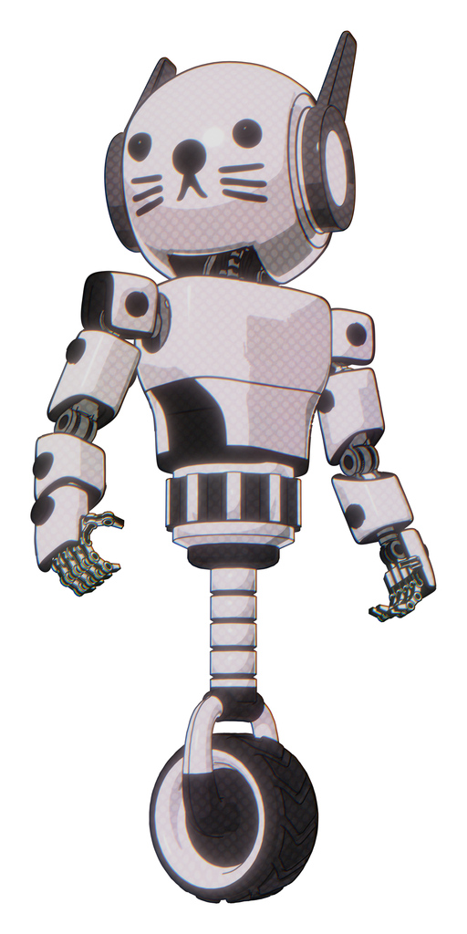 Bot containing round head and head winglets and light chest exoshielding and prototype exoplate chest and unicycle wheel and cat face. White halftone toon. Hero pose.