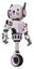 Bot containing round head and head winglets and light chest exoshielding and prototype exoplate chest and unicycle wheel and cat face. White halftone toon. Hero pose.