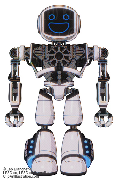 Android Containing Digital Display Head And Wide Smile And Heavy Upper Chest And No Chest Plating And Light Leg Exoshielding And Megneto-Hovers Foot Mod. White Halftone Toon. Front View. #20412