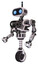 Robot containing dual retro camera head and cute retro robo head and bug eyes and heavy upper chest and no chest plating and unicycle wheel. White halftone toon. Facing right view.