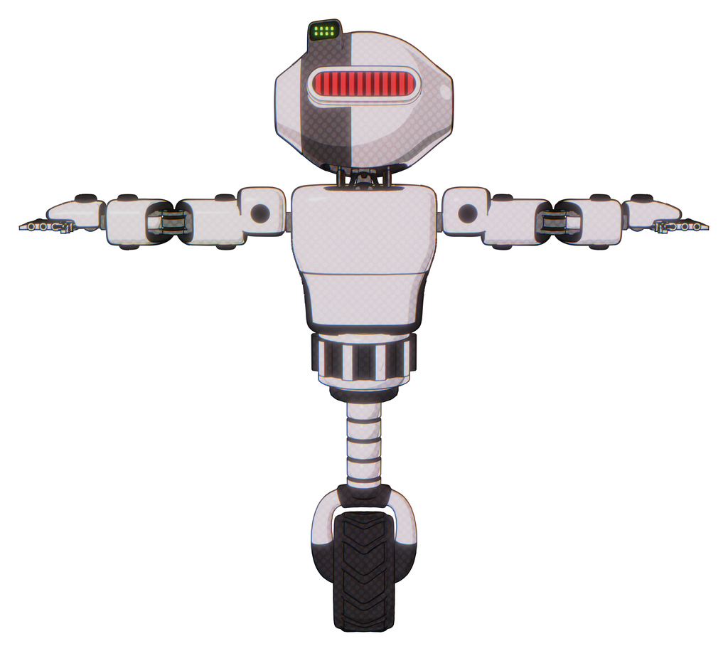 Automaton containing oval wide head and red horizontal visor and green led ornament and light chest exoshielding and prototype exoplate chest and unicycle wheel. White halftone toon. T-pose.