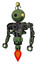 Bot containing oval wide head and small red led eyes and minibot ornament and heavy upper chest and no chest plating and jet propulsion. Grass green. Standing looking right restful pose.
