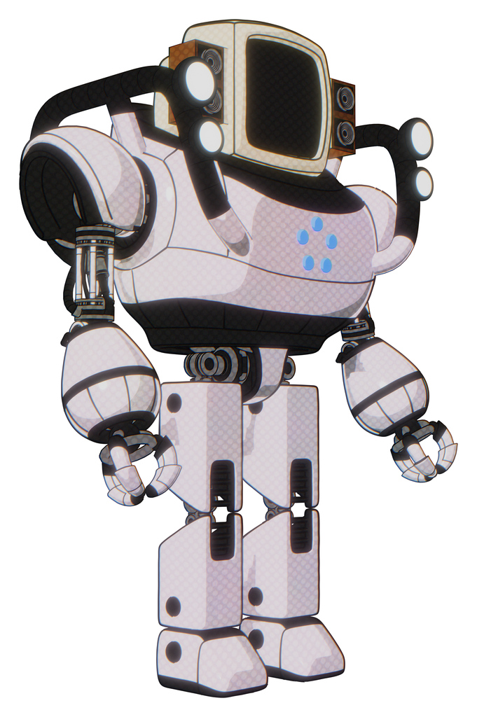 Robot containing old computer monitor and old retro speakers and heavy upper chest and circle of blue leds and shoulder headlights and prototype exoplate legs. White halftone toon. Facing left view.