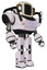 Robot containing old computer monitor and old retro speakers and heavy upper chest and circle of blue leds and shoulder headlights and prototype exoplate legs. White halftone toon. Facing left view.