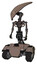 Automaton containing flat elongated skull head and light chest exoshielding and no chest plating and tank tracks. Khaki halftone. Standing looking right restful pose.