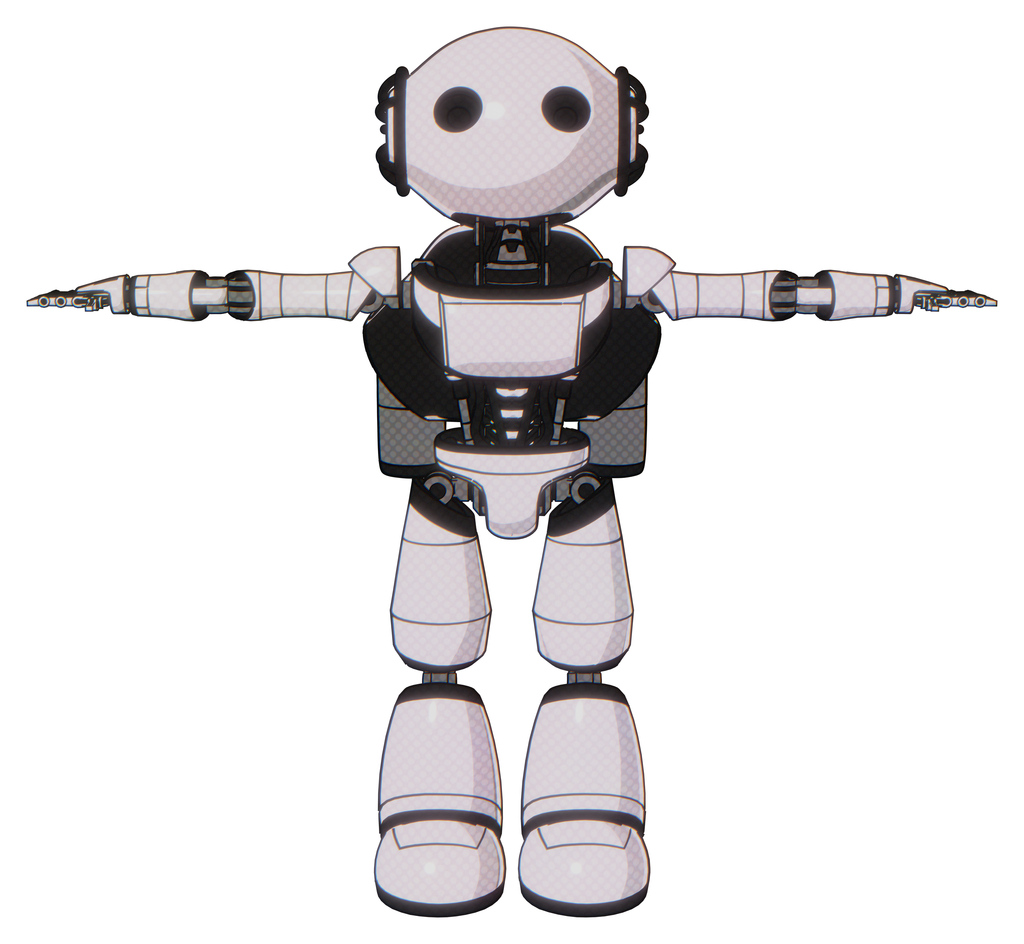 Cyborg containing oval wide head and light chest exoshielding and ultralight chest exosuit and rocket pack and light leg exoshielding. White halftone toon. T-pose.