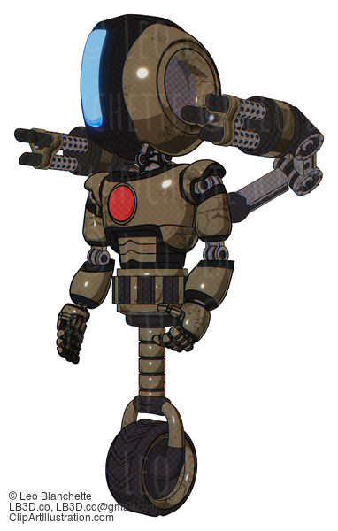 Android Containing Round Head And Large Vertical Visor And Light Chest Exoshielding And Red Chest Button And Minigun Back Assembly And Unicycle Wheel. Desert Tan Painted. Facing Right View. #20428