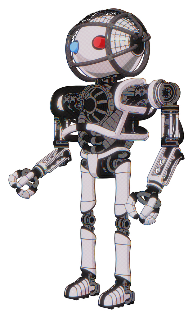 Robot containing oval wide head and giant blue and red led eyes and barbed wire cage helmet and heavy upper chest and no chest plating and ultralight foot exosuit. White halftone toon.