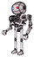Robot containing oval wide head and giant blue and red led eyes and barbed wire cage helmet and heavy upper chest and no chest plating and ultralight foot exosuit. White halftone toon.
