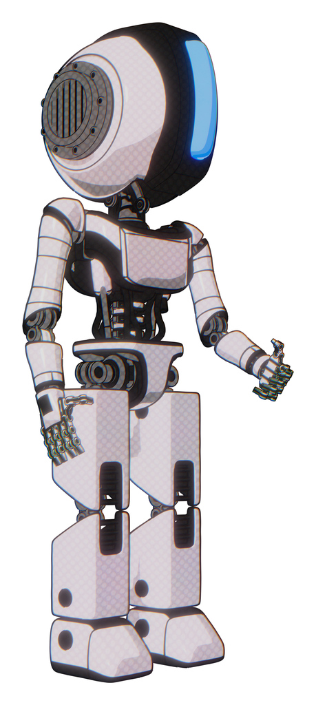 Bot containing round head and large vertical visor and light chest exoshielding and ultralight chest exosuit and prototype exoplate legs. White halftone toon. Facing left view.