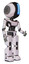 Bot containing round head and large vertical visor and light chest exoshielding and ultralight chest exosuit and prototype exoplate legs. White halftone toon. Facing left view.