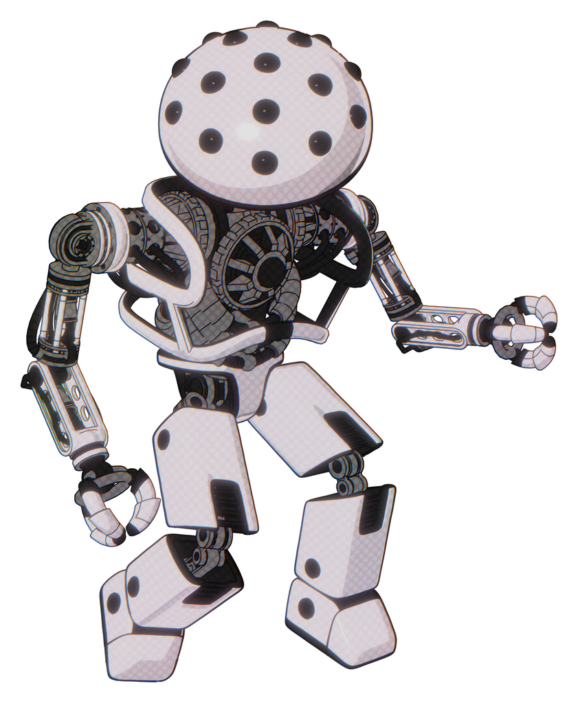 Robot containing black sphere cam design and heavy upper chest and no chest plating and prototype exoplate legs. White halftone toon. Fight or defense pose..