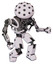 Robot containing black sphere cam design and heavy upper chest and no chest plating and prototype exoplate legs. White halftone toon. Fight or defense pose..