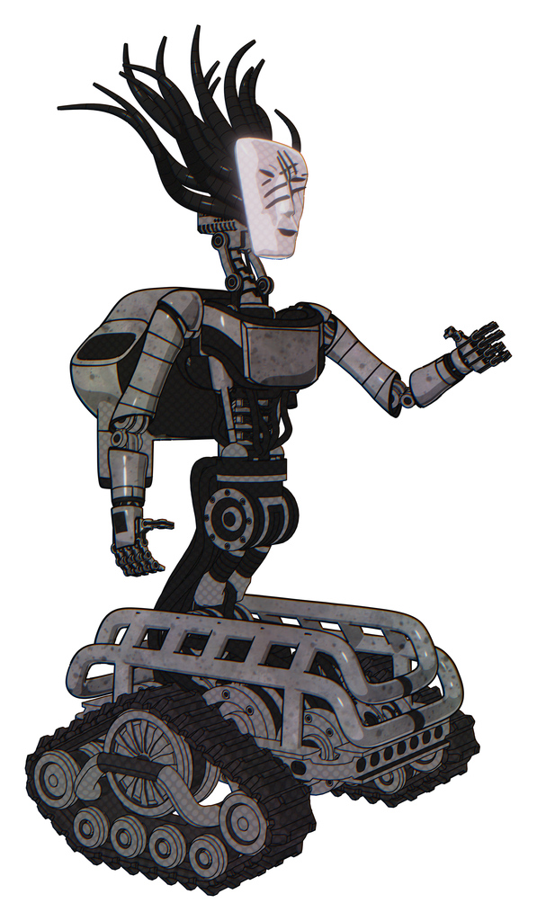 Droid containing humanoid face mask and slashes war paint and light chest exoshielding and ultralight chest exosuit and rocket pack and tank tracks. Unpainted metal. Interacting.