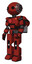 Bot containing oval wide head and steampunk iron bands with bolts and light chest exoshielding and red chest button and rocket pack and prototype exoplate legs. Cherry tomato red. Facing right view.