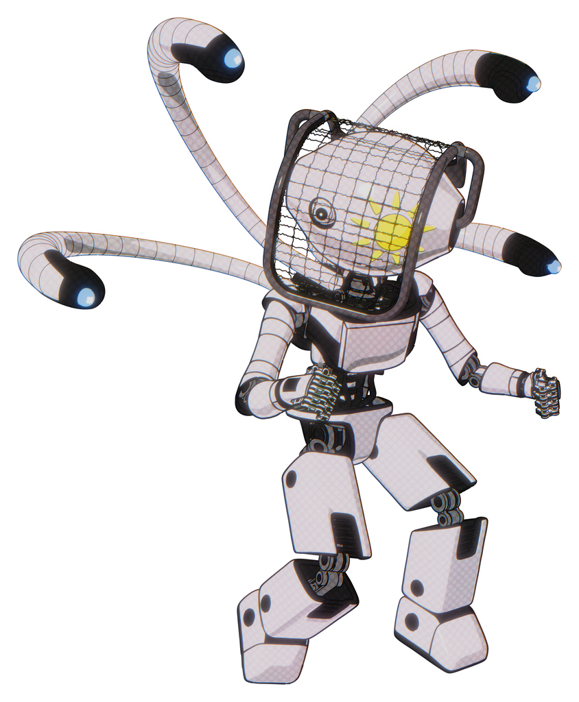 Bot containing oval wide head and sunshine patch eye and barbed wire visor helmet and light chest exoshielding and ultralight chest exosuit and blue-eye cam cable tentacles .