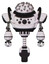 Mech containing metal cubes dome head design and heavy upper chest and chest compound eyes and unicycle wheel. White halftone toon. Front view.