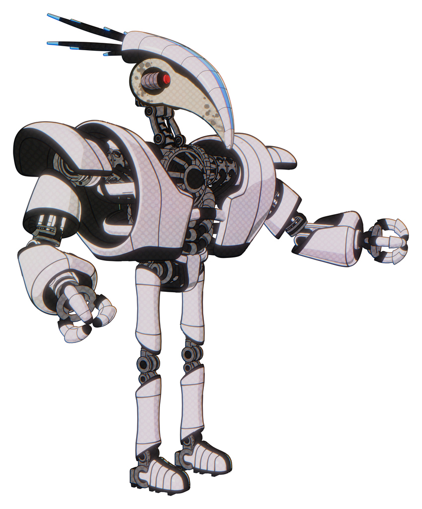 Cyborg containing bird skull head and yellow and green scope eyes and head shield design and heavy upper chest and heavy mech chest and ultralight foot exosuit. White halftone toon. Interacting.