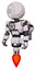 Cyborg containing dots array face and light chest exoshielding and chest valve crank and rocket pack and jet propulsion. White halftone toon. Standing looking right restful pose.