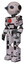 Mech containing oval wide head and telescopic steampunk eyes and light chest exoshielding and red chest button and prototype exoplate legs. Grunge sketch dots. Facing right view.
