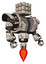 Bot containing dual retro camera head and cube array head and heavy upper chest and heavy mech chest and green cable sockets array and jet propulsion. Halftone sketch. Facing left view.