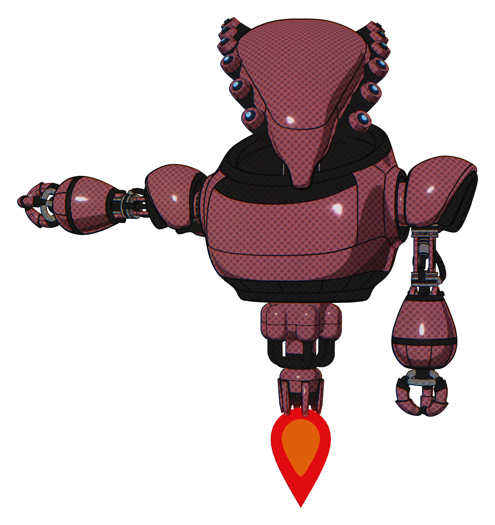 Droid containing flat elongated skull head and heavy upper chest and jet propulsion. Muavewood halftone. Arm out holding invisible object..