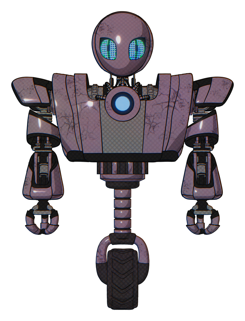 Droid containing grey alien style head and blue grate eyes and heavy upper chest and heavy mech chest and blue energy fission element chest and unicycle wheel. Lilac metal. Front view.