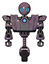 Droid containing grey alien style head and blue grate eyes and heavy upper chest and heavy mech chest and blue energy fission element chest and unicycle wheel. Lilac metal. Front view.