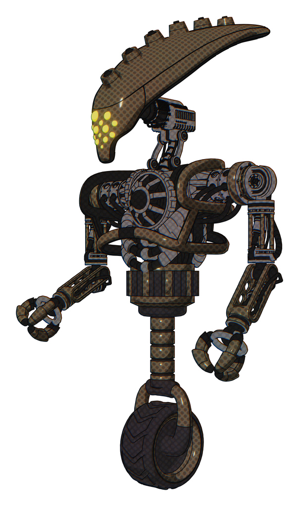 Cyborg containing flat elongated skull head and heavy upper chest and no chest plating and unicycle wheel. Light brown halftone. Facing right view.