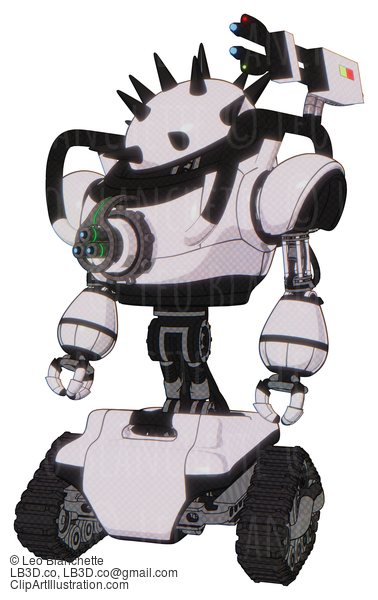 Android Containing Thorny Domehead Design And Heavy Upper Chest And Chest Energy Gun And Tank Tracks. White Halftone Toon. Standing Looking Right Restful Pose. #20468