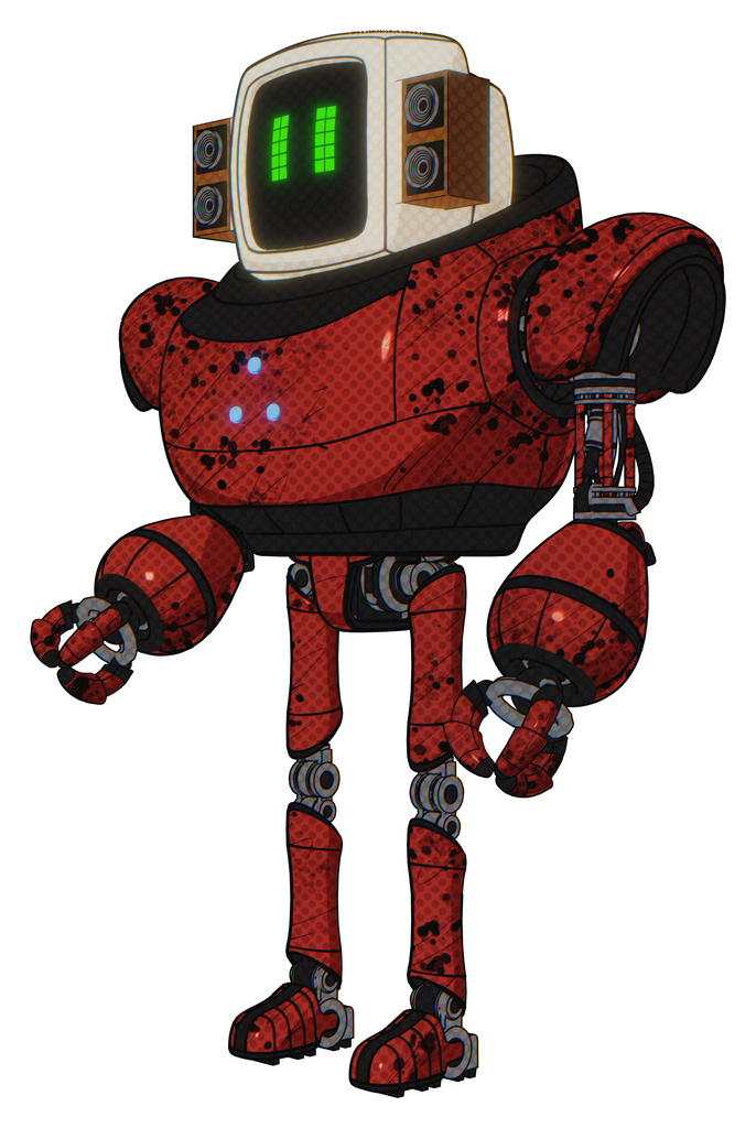 Cyborg containing old computer monitor and pixel line eyes and old retro speakers and heavy upper chest and triangle of blue leds and ultralight foot exosuit. Grunge dots cherry tomato red.