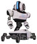 Automaton containing round head and large vertical visor and heavy upper chest and circle of blue leds and insect walker legs. White halftone toon. Hero pose.